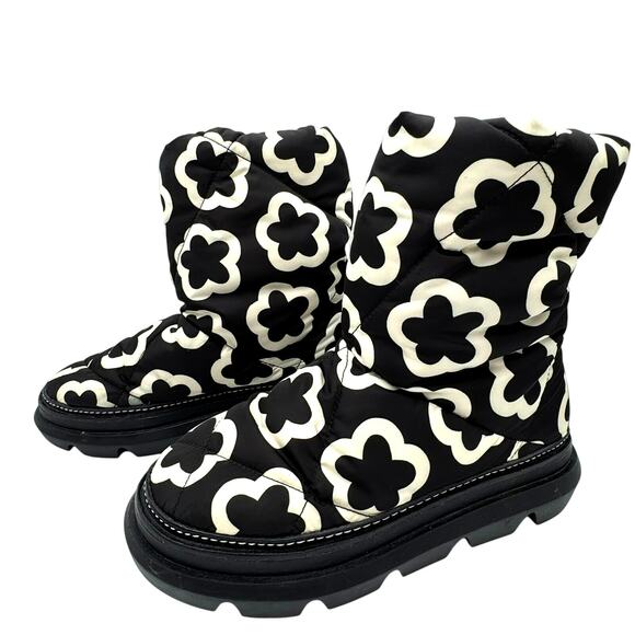 TORY BURCH Women's 9.5 Black White Floral Sleeping Bag Pull On Boots Limited - Picture 3 of 9